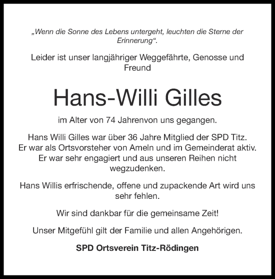 Traueranzeige von Hans-Willi Gilles von Zeitung am Sonntag