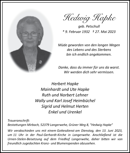 Traueranzeige von Hedwig Hapke von Zeitung am Sonntag