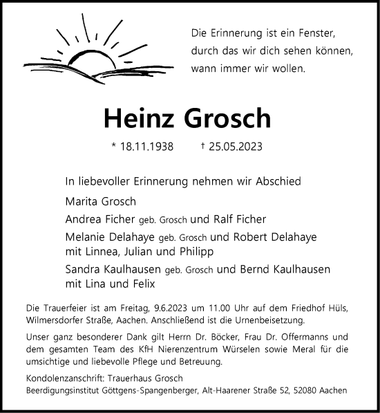 Traueranzeige von Heinz Grosch von Zeitung am Sonntag
