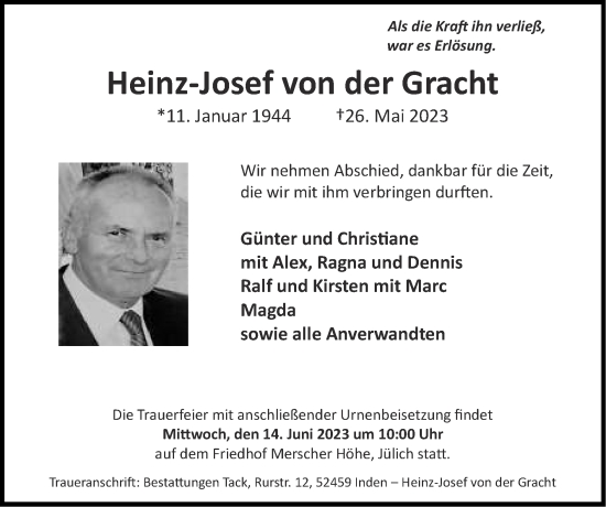 Traueranzeige von Heinz-Josef von der Gracht von Zeitung am Sonntag