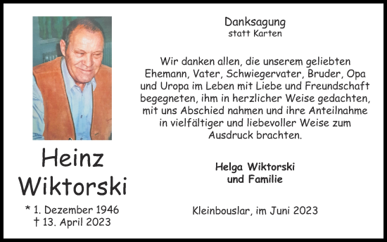 Traueranzeige von Heinz Wiktorski von Zeitung am Sonntag