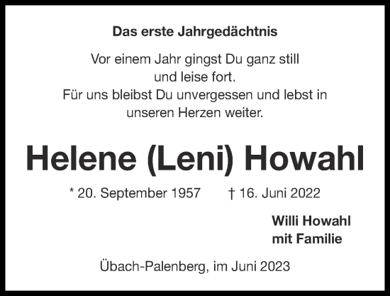 Traueranzeige von Helene Howahl von Zeitung am Sonntag