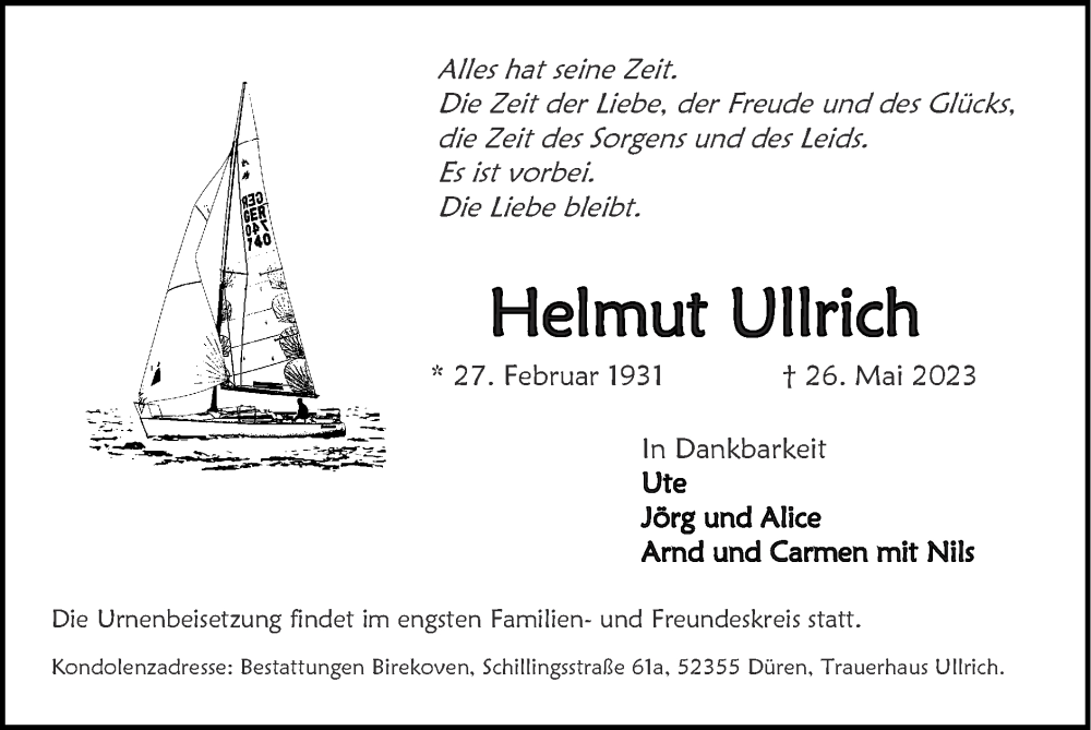  Traueranzeige für Helmut Ullrich vom 04.06.2023 aus Zeitung am Sonntag