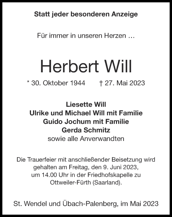 Traueranzeige von Herbert Will von Zeitung am Sonntag