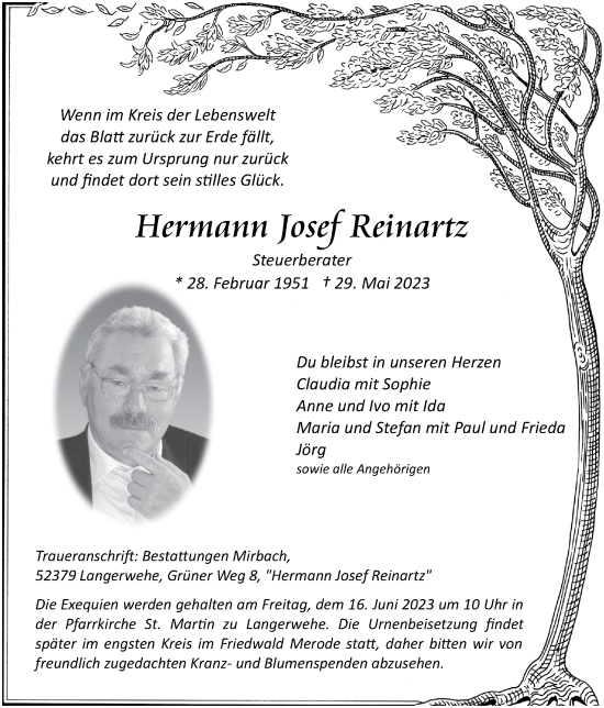 Traueranzeige von Hermann Josef Reinartz von Zeitung am Sonntag