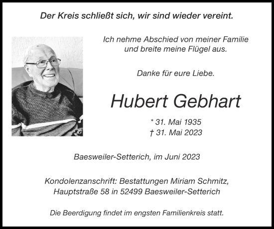 Traueranzeige von Hubert Gebhart von Zeitung am Sonntag