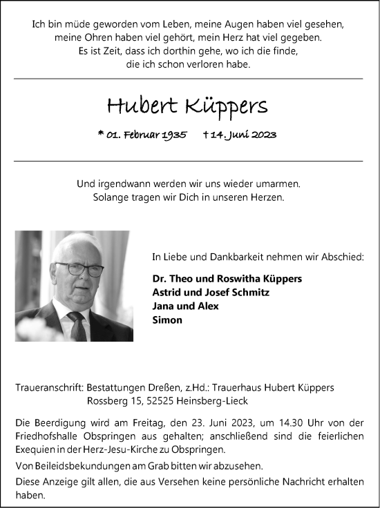 Traueranzeige von Hubert Küppers von Zeitung am Sonntag