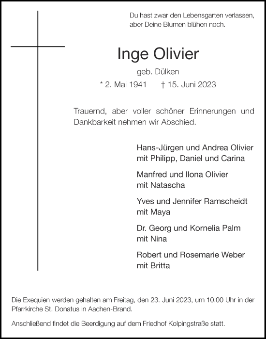 Traueranzeige von Inge Olivier von Aachener Zeitung