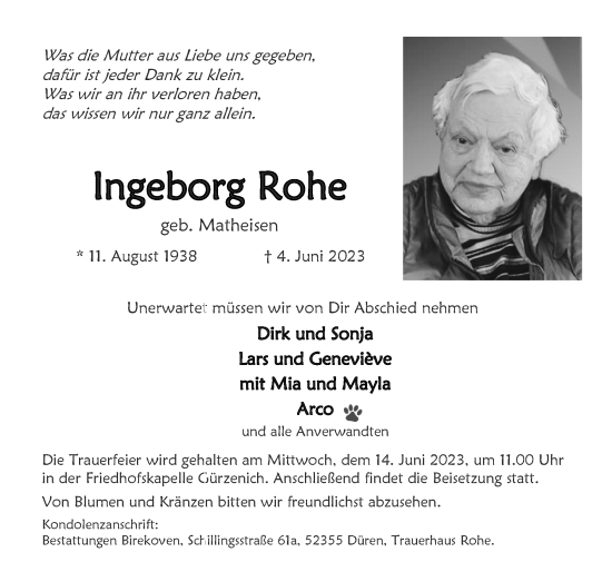 Traueranzeige von Ingeborg Rohe von Zeitung am Sonntag