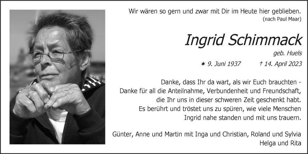  Traueranzeige für Ingrid Schimmack vom 11.06.2023 aus Zeitung am Sonntag