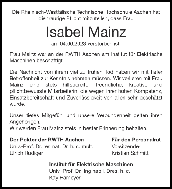 Traueranzeige von Isabel Mainz von Aachener Zeitung
