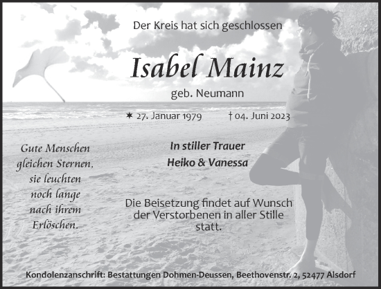 Traueranzeige von Isabel Mainz von Zeitung am Sonntag