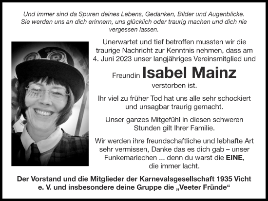 Traueranzeige von Isabel Mainz von Zeitung am Sonntag