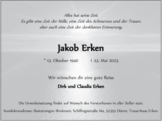 Traueranzeige von Jakob Erken von Zeitung am Sonntag