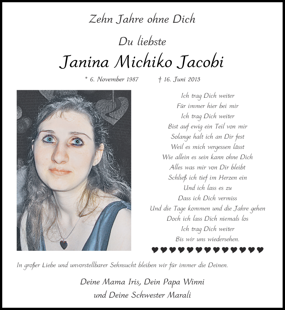  Traueranzeige für Janina Michiko Jacobi vom 17.06.2023 aus Aachener Zeitung