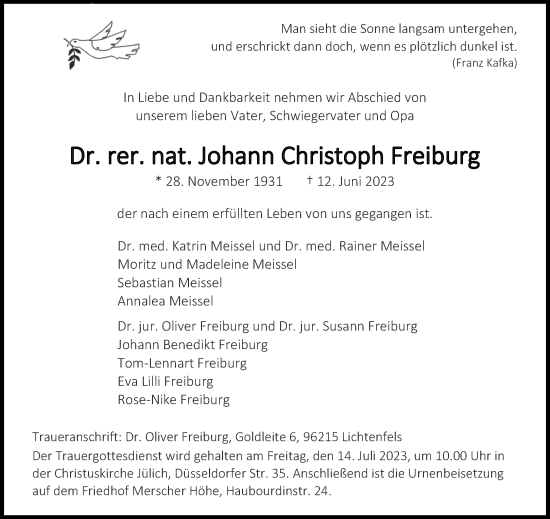 Traueranzeige von Johann Christoph Freiburg von Aachener Zeitung