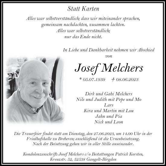 Traueranzeige von Josef Melchers von Zeitung am Sonntag