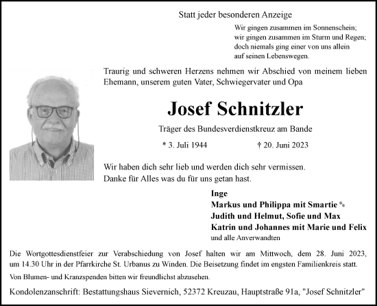Traueranzeige von Josef Schnitzler von Zeitung am Sonntag