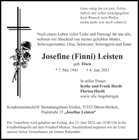 Traueranzeige von Josefine Leisten von Zeitung am Sonntag