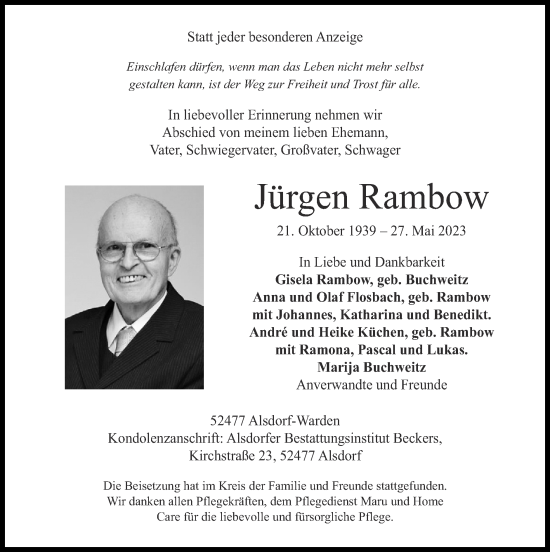 Traueranzeige von Jürgen Rambow von Zeitung am Sonntag