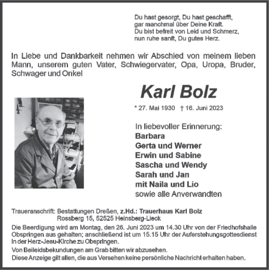 Traueranzeige von Karl Bolz von Zeitung am Sonntag