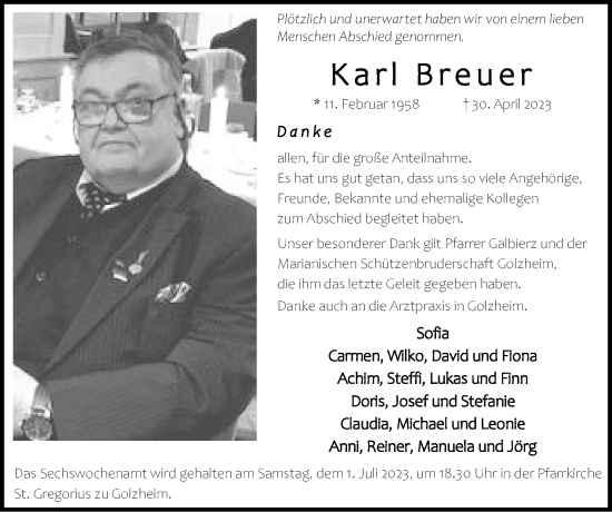 Traueranzeige von Karl Breuer von Zeitung am Sonntag