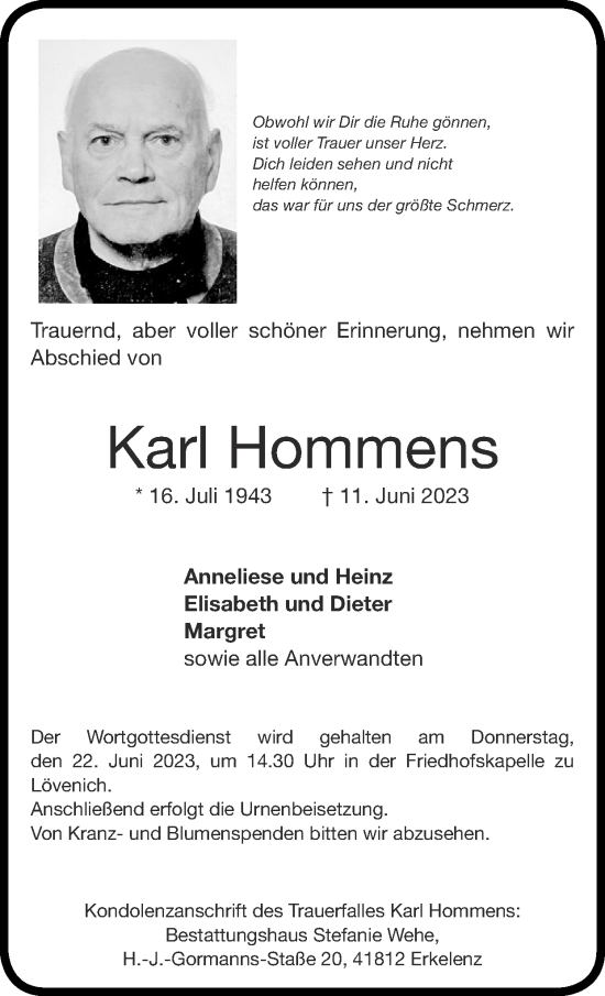 Traueranzeige von Karl Hommens von Zeitung am Sonntag