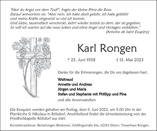 Traueranzeige von Karl Rongen von Zeitung am Sonntag