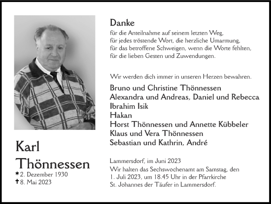 Traueranzeige von Karl Thönnessen von Zeitung am Sonntag