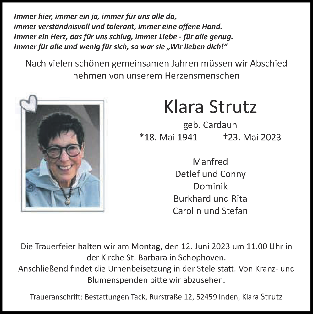  Traueranzeige für Klara Strutz vom 04.06.2023 aus Zeitung am Sonntag