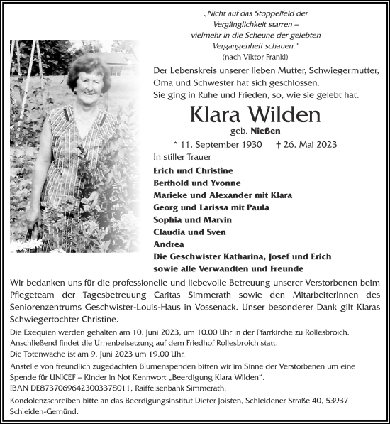 Traueranzeige von Klara Wilden von Zeitung am Sonntag