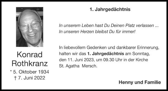 Traueranzeige von Konrad Rothkranz von Zeitung am Sonntag
