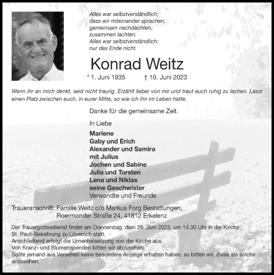 Traueranzeige von Konrad Weitz von Zeitung am Sonntag