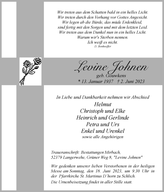 Traueranzeige von Levine Johnen von Zeitung am Sonntag