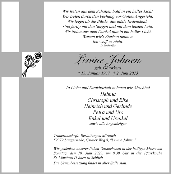 Traueranzeige von Levine Johnen von Aachener Zeitung