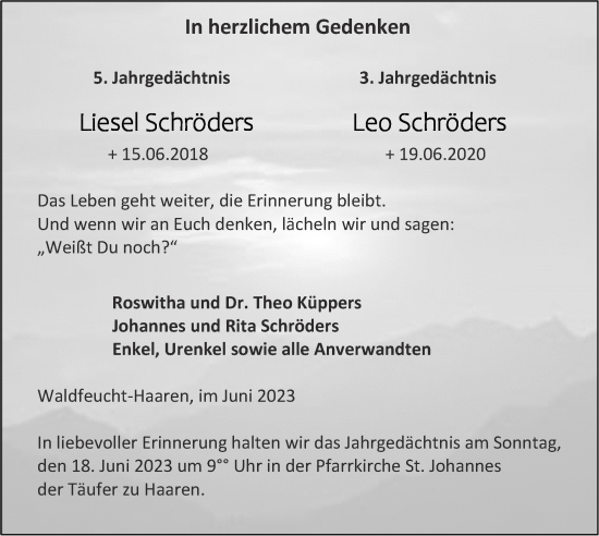 Traueranzeige von Liesel und Leo Schröders von Zeitung am Sonntag