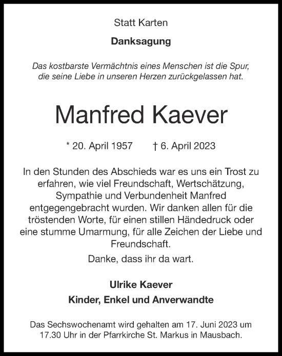 Traueranzeige von Manfred Kaever von Zeitung am Sonntag