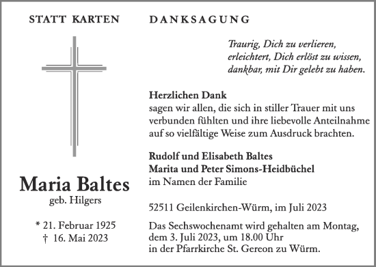 Traueranzeige von Maria Baltes von Zeitung am Sonntag