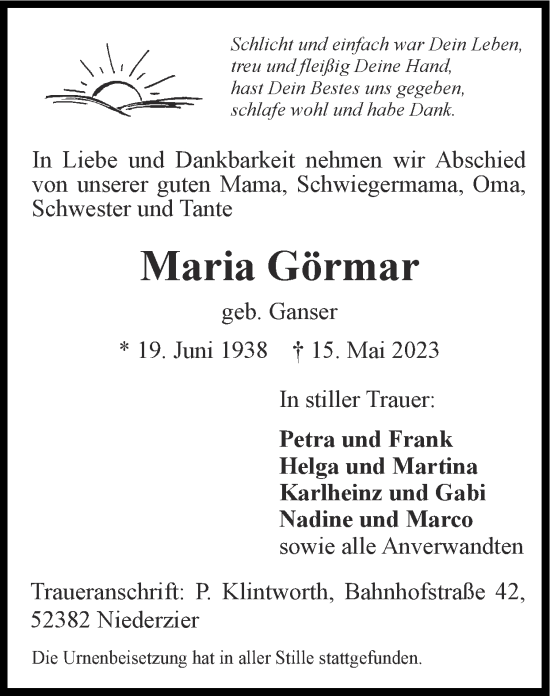 Traueranzeige von Maria Görmar von Zeitung am Sonntag