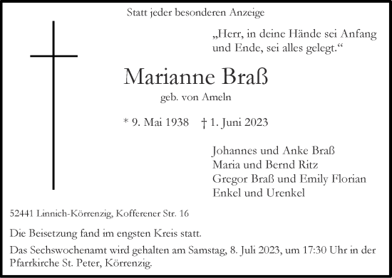 Traueranzeige von Marianne Braß von Zeitung am Sonntag