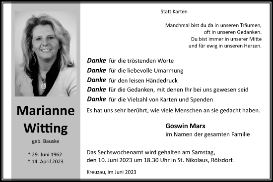 Traueranzeige von Marianne Witting von Zeitung am Sonntag