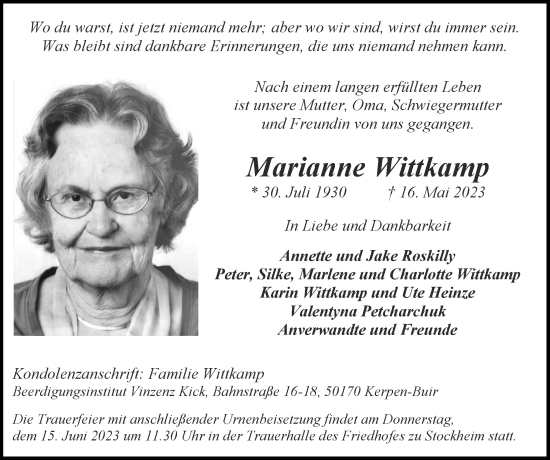 Traueranzeige von Marianne Wittkamp von Zeitung am Sonntag
