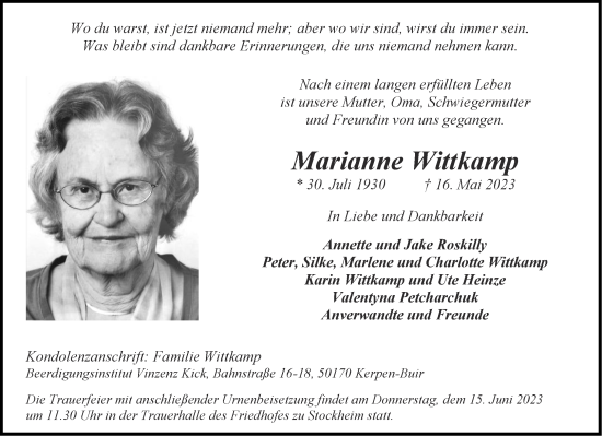 Traueranzeige von Marianne Wittkamp von Aachener Zeitung