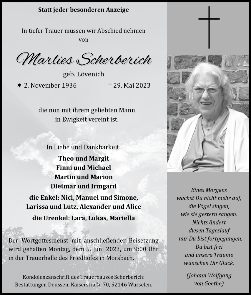  Traueranzeige für Marlies Scherberich vom 04.06.2023 aus Zeitung am Sonntag