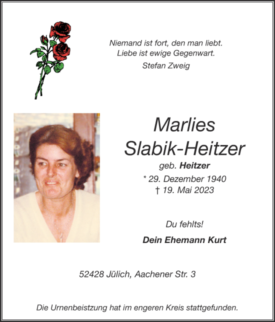 Traueranzeige von Marlies Slabik-Heitzer von Zeitung am Sonntag