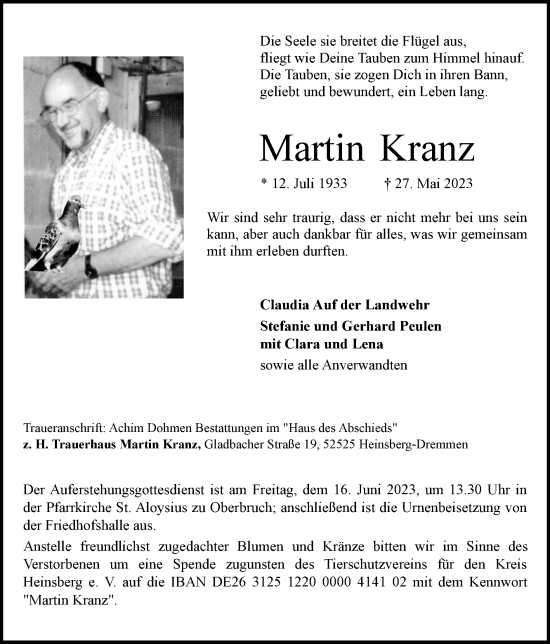 Traueranzeige von Martin Kranz von Zeitung am Sonntag