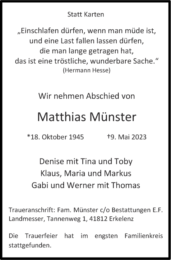 Traueranzeige von Matthias Münster von Zeitung am Sonntag