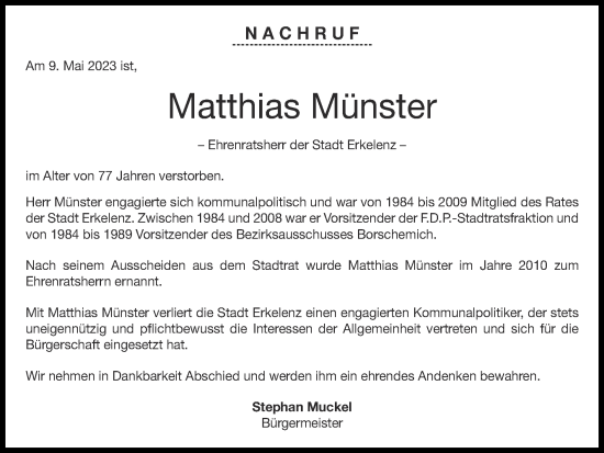 Traueranzeige von Matthias Münster von Zeitung am Sonntag