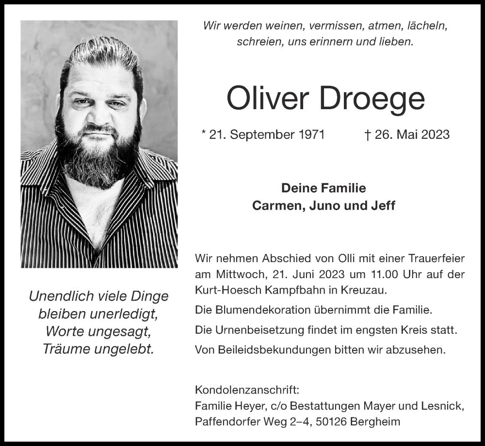  Traueranzeige für Oliver Droege vom 11.06.2023 aus Zeitung am Sonntag