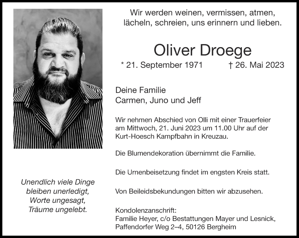  Traueranzeige für Oliver Droege vom 10.06.2023 aus Aachener Zeitung